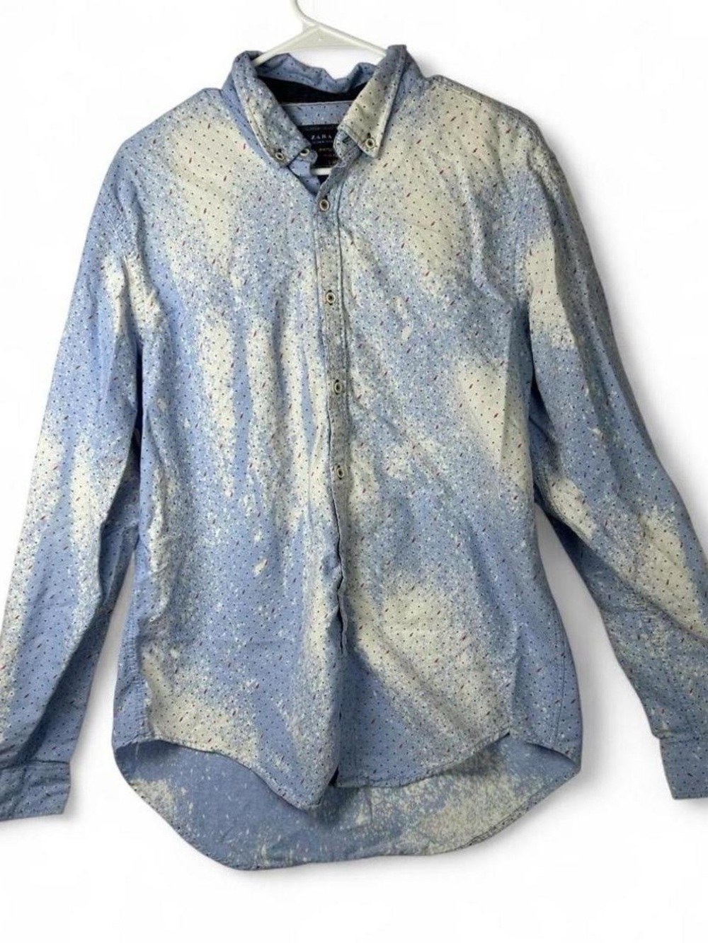Zara Man Blue Button Down Shirt Slim Fit Bleach Pattern W Elbow Patches